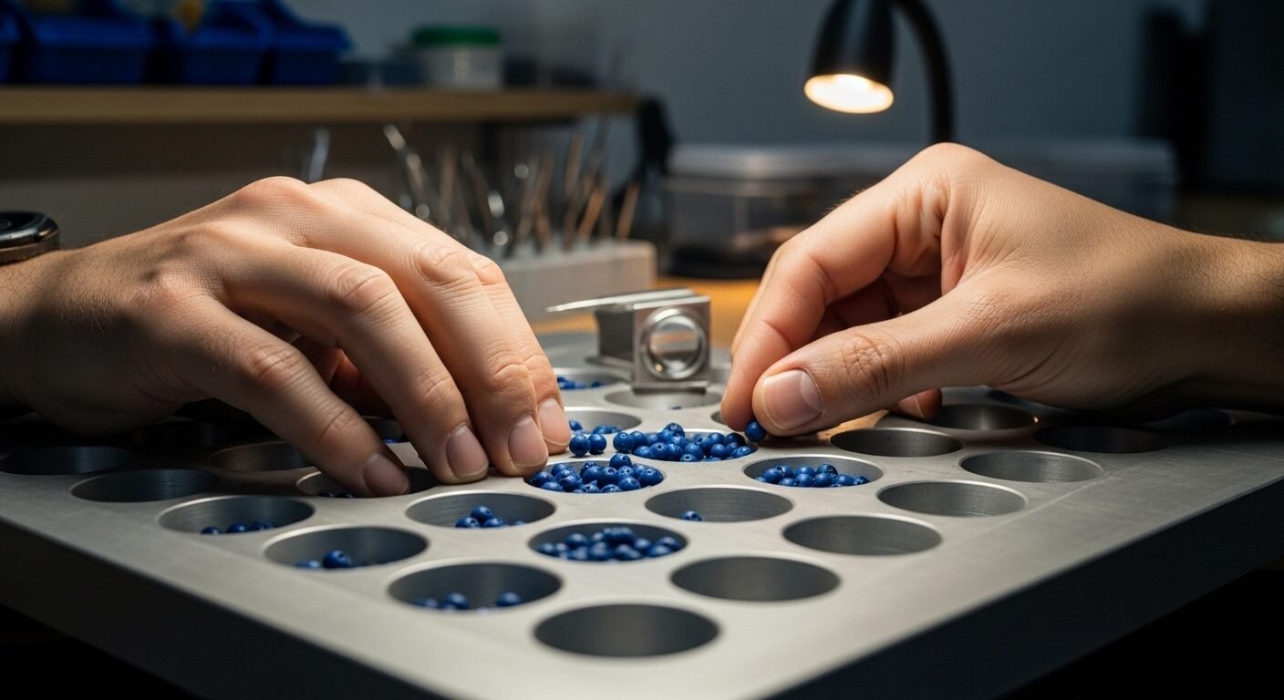 Bàn tay tỉ mỉ thực hiện công việc thời vụ phân loại vật phẩm nhỏ vào từng ngăn trên bàn làm việc gọn gàng.