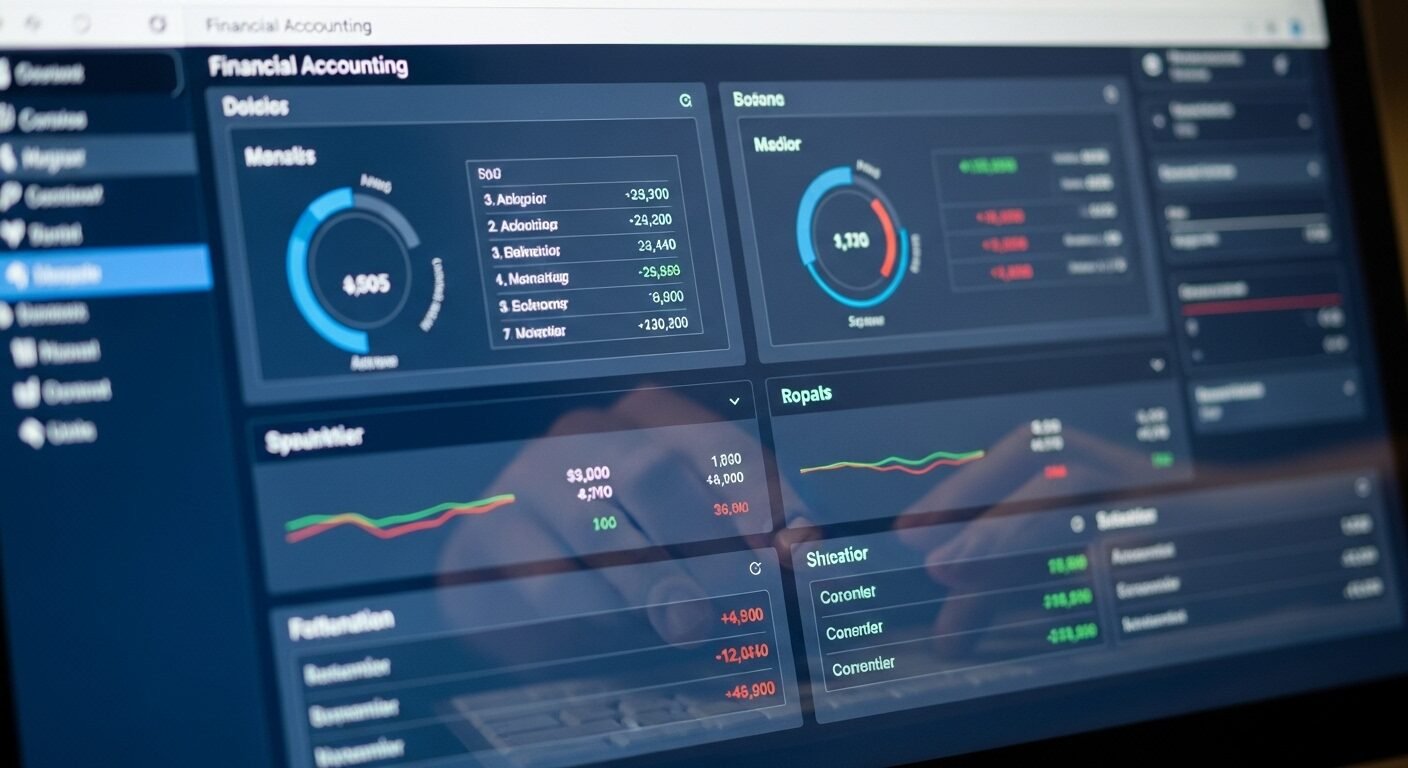 Màn hình phần mềm kế toán với giao diện tài chính trực quan, số liệu rõ ràng, hỗ trợ hiệu quả các nhiệm vụ của mô tả công việc kế toán tổng hợp, có phản chiếu bàn tay đang gõ. Màn hình phần mềm kế toán với giao diện tài chính trực quan, số liệu rõ ràng, hỗ trợ hiệu quả các nhiệm vụ của mô tả công việc kế toán tổng hợp, có phản chiếu bàn tay đang gõ.