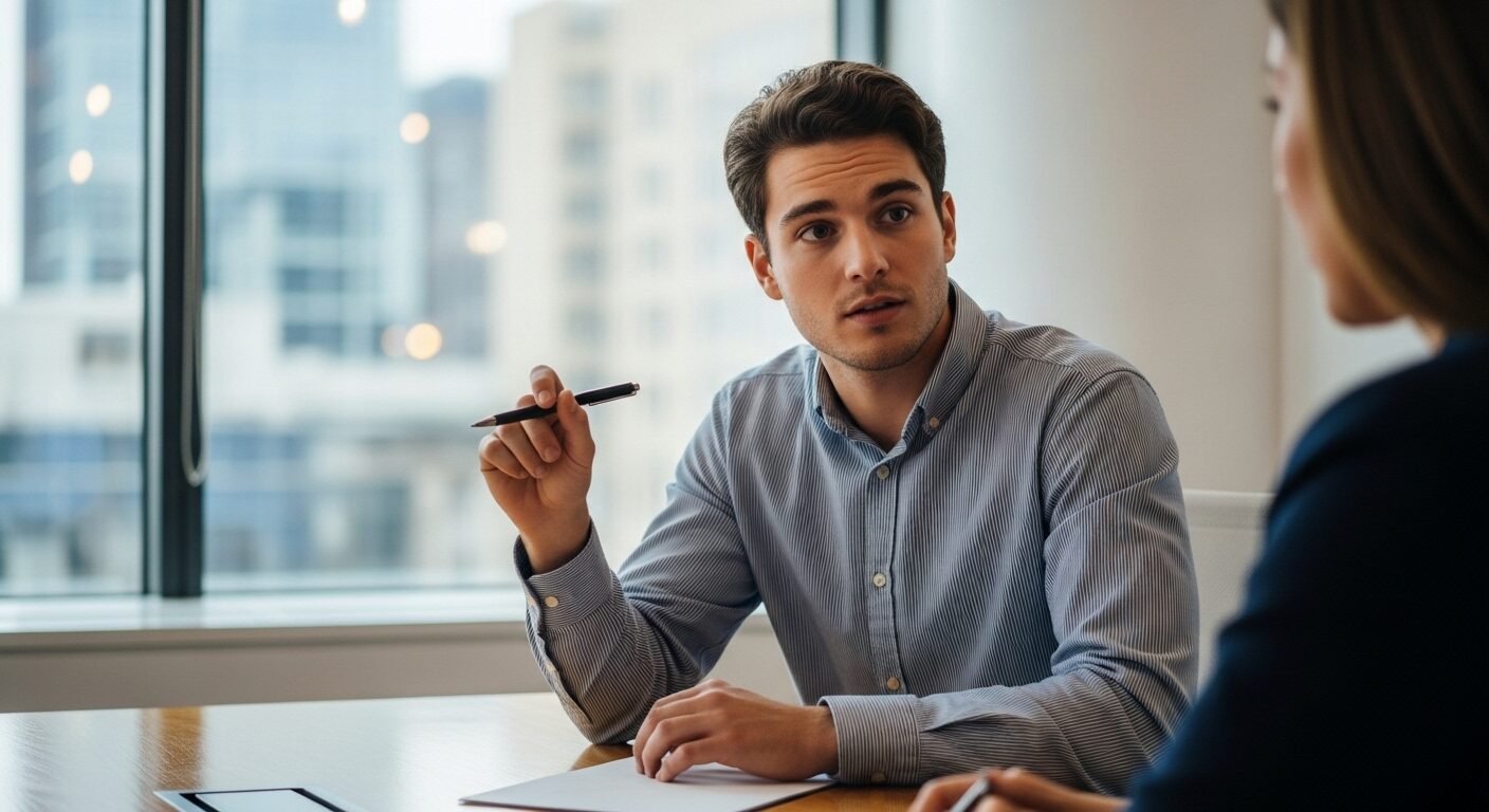 Ứng viên trẻ chăm chú đặt câu hỏi trong phòng phỏng vấn hiện đại, thể hiện sự chủ động và tư duy nhạy bén – yếu tố then chốt cho cách trả lời phỏng vấn khi chưa có kinh nghiệm.