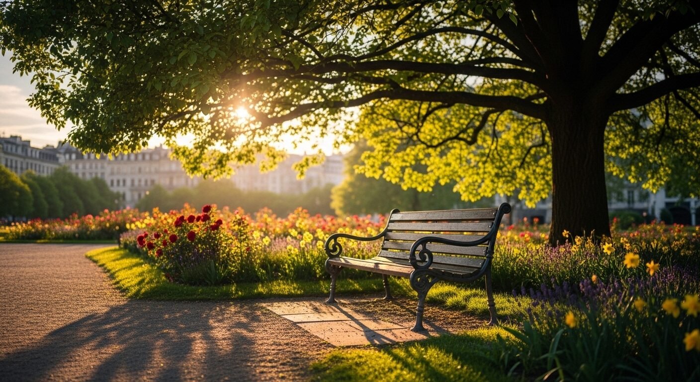 Ghế đá công viên vắng vẻ dưới tán cây xanh rợp bóng, tắm nắng hoàng hôn, một góc bình yên để nghỉ ngơi sau những giờ làm việc dài, xứng đáng với từng đồng lương OT.