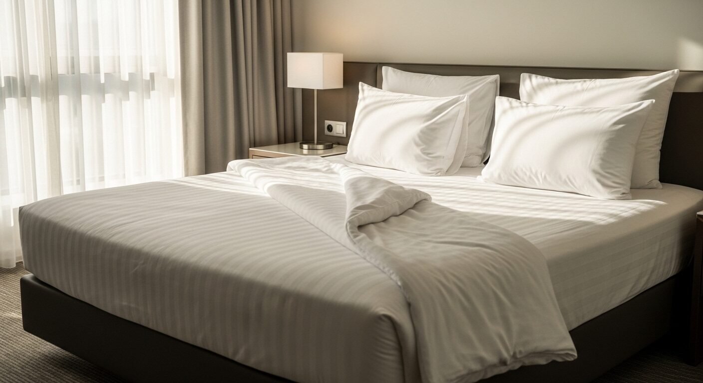 Phòng khách sạn tinh tươm với giường ga trắng sạch sẽ, ánh nắng dịu nhẹ. Không gian hoàn hảo cho kỳ nghỉ, giúp khách hình dung về trải nghiệm từ khi nhận phòng cho đến khi tìm hiểu check out là gì.