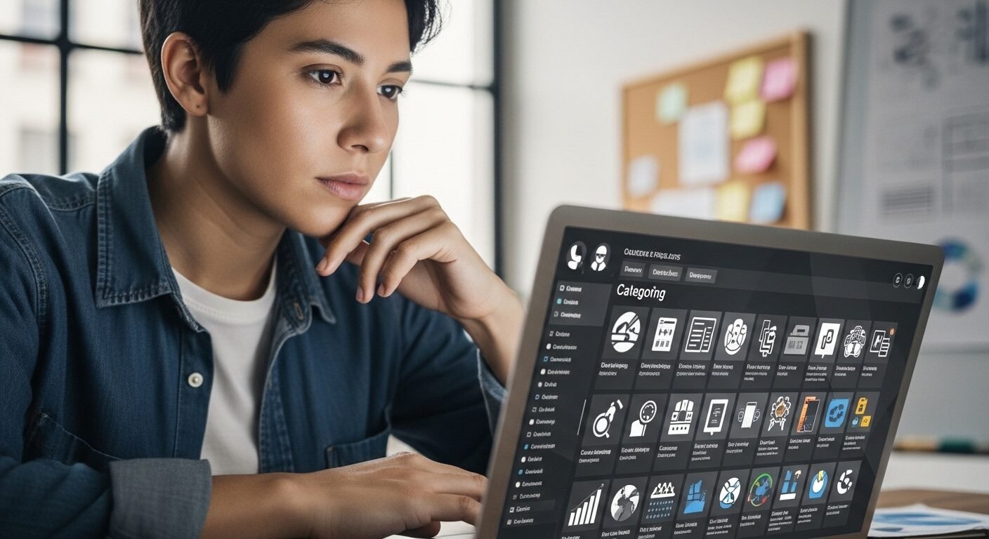 Một người đang xem màn hình laptop hiển thị đa dạng các icon dự án và cơ hội việc làm, minh họa khái niệm cộng tác viên là gì trong môi trường làm việc hiện đại. Một người đang xem màn hình laptop hiển thị đa dạng các icon dự án và cơ hội việc làm, minh họa khái niệm cộng tác viên là gì trong môi trường làm việc hiện đại.