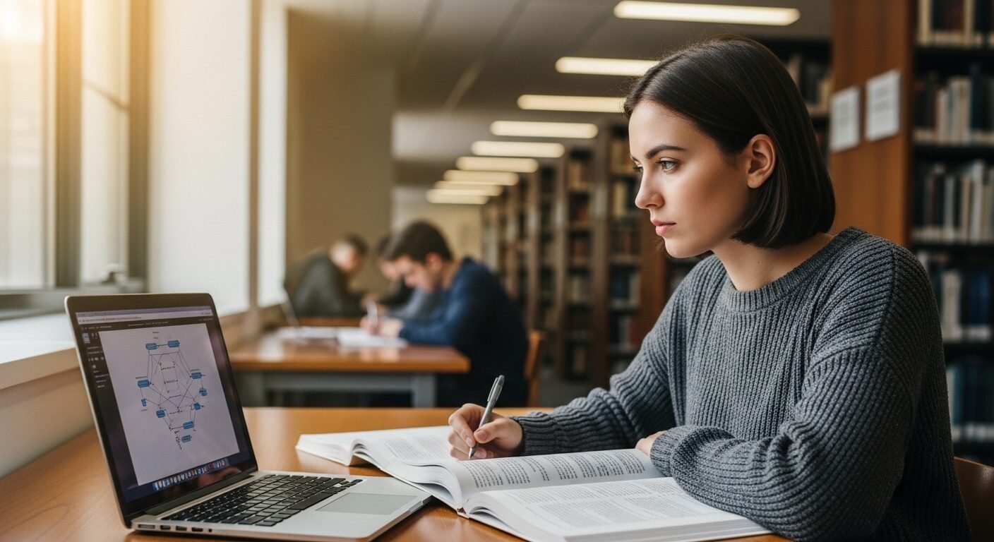 Sinh viên ngành Công nghệ thông tin đang chăm chú học với laptop và sách giáo trình trong thư viện hiện đại. Sinh viên ngành Công nghệ thông tin đang chăm chú học với laptop và sách giáo trình trong thư viện hiện đại.