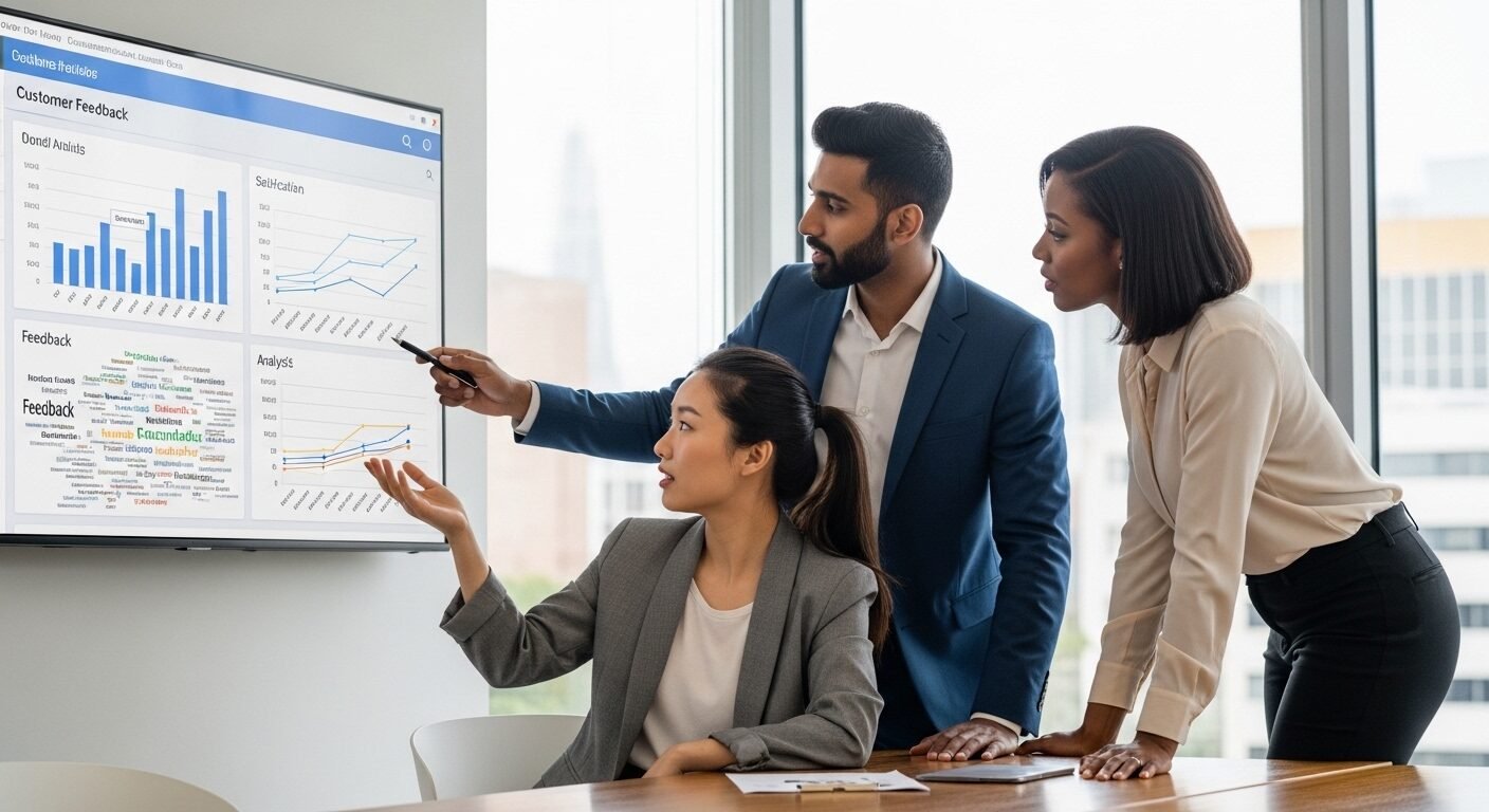 Ba chuyên gia thảo luận dữ liệu phản hồi khách hàng trên màn hình lớn, nhằm hiểu rõ hơn Customer Service là gì và cải thiện trải nghiệm khách hàng. Ba chuyên gia thảo luận dữ liệu phản hồi khách hàng trên màn hình lớn, nhằm hiểu rõ hơn Customer Service là gì và cải thiện trải nghiệm khách hàng.