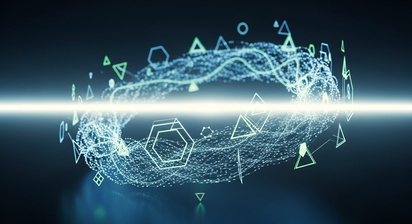 Hình ảnh trừu tượng kỹ thuật số minh họa quy trình cải tiến chất lượng liên tục, với dòng dữ liệu luân chuyển và cơ chế phản hồi, giúp hiểu rõ hơn QA là gì QC là gì trong bối cảnh hiện đại.