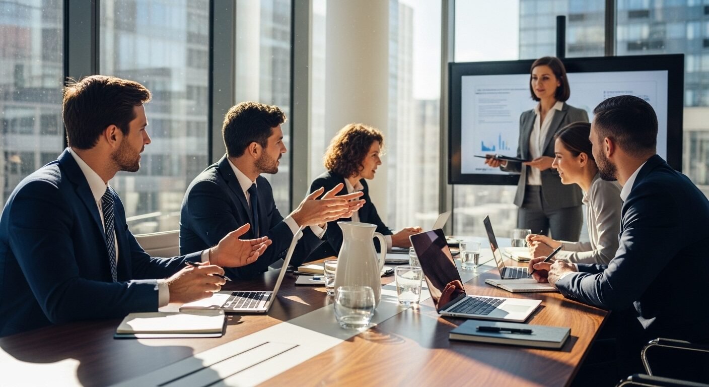 Nhóm đa dạng thảo luận chuyên nghiệp tại bàn hội nghị hiện đại. Ánh sáng tự nhiên tạo không gian mở, lý tưởng để lên kế hoạch cho các công việc thời vụ hiệu quả.