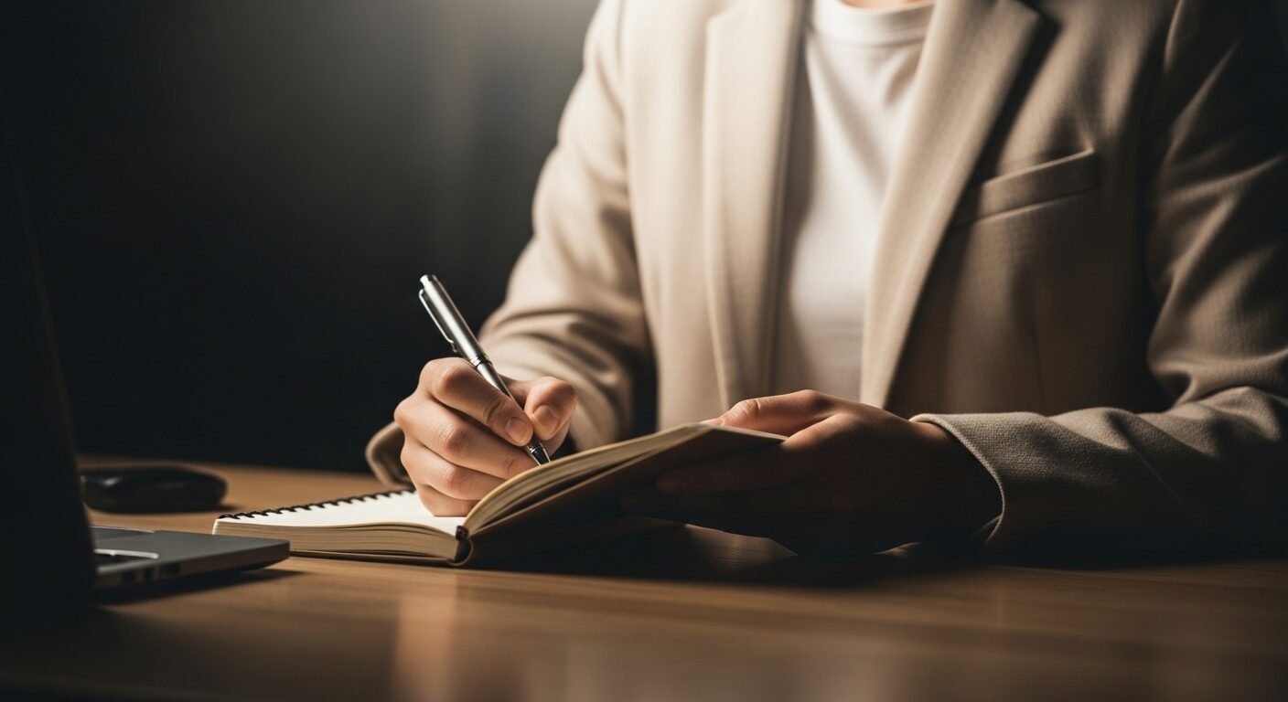 Cộng tác viên Kinh doanh ghi chú tại buổi hội thảo, học hỏi từ bài thuyết trình chuyên nghiệp hiển thị trên màn hình.