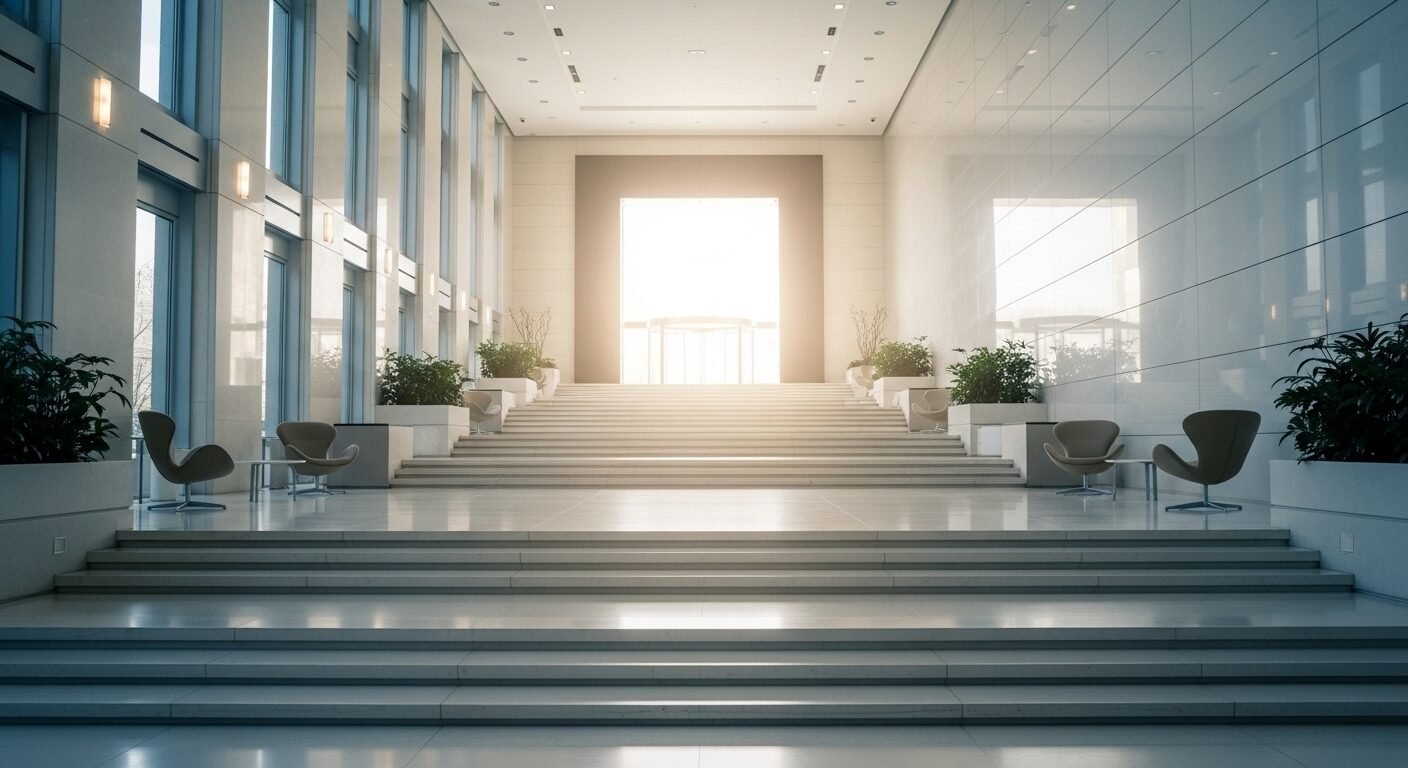 Sảnh công ty hiện đại, sáng sủa với cầu thang tượng trưng cho sự thăng tiến nghề nghiệp. Hình ảnh này minh họa môi trường làm việc hứa hẹn cơ hội phát triển cho ứng viên từ mẫu tin tuyển dụng nhân viên bán hàng.