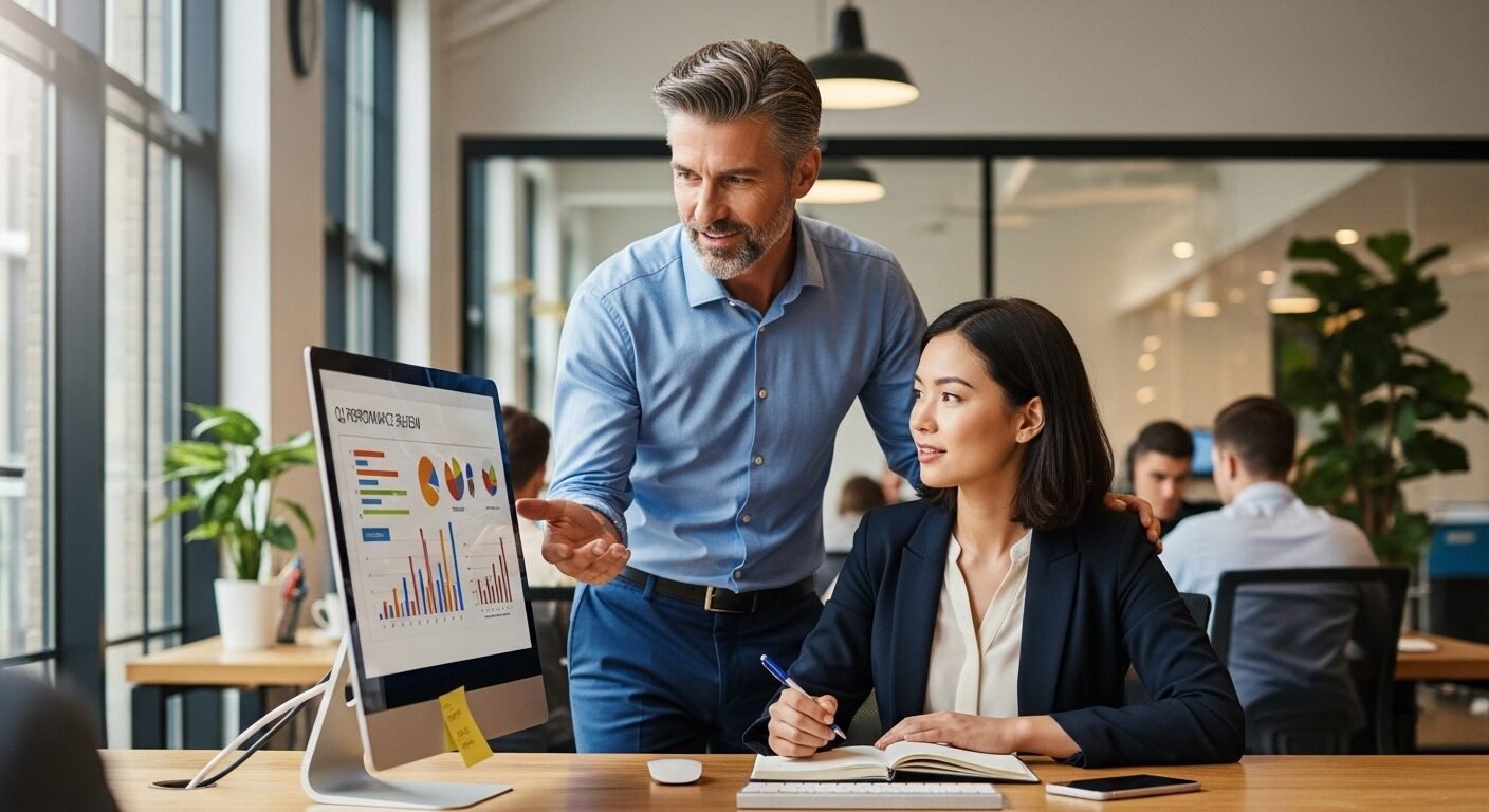 Cố vấn ngân hàng giàu kinh nghiệm hướng dẫn chuyên gia trẻ tại máy trạm chung, cùng xem màn hình. Hình ảnh thể hiện môi trường học hỏi và phát triển chuyên môn sau quy trình tuyển dụng ngân hàng.