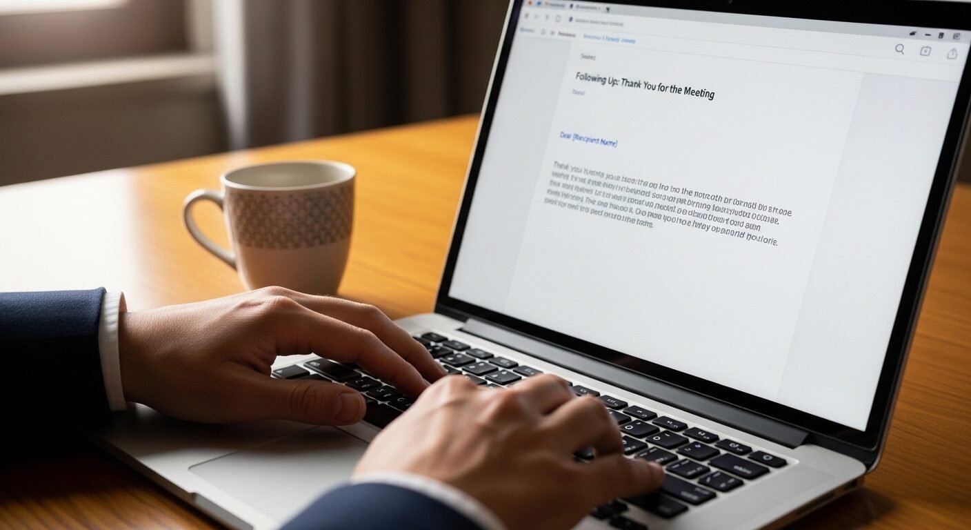 Cận cảnh tay gõ email cảm ơn chuyên nghiệp trên laptop sau phỏng vấn, một bước quan trọng trong cách trả lời phỏng vấn khi chưa có kinh nghiệm để gây ấn tượng tốt và thể hiện sự chuyên nghiệp. Cận cảnh tay gõ email cảm ơn chuyên nghiệp trên laptop sau phỏng vấn, một bước quan trọng trong cách trả lời phỏng vấn khi chưa có kinh nghiệm để gây ấn tượng tốt và thể hiện sự chuyên nghiệp.