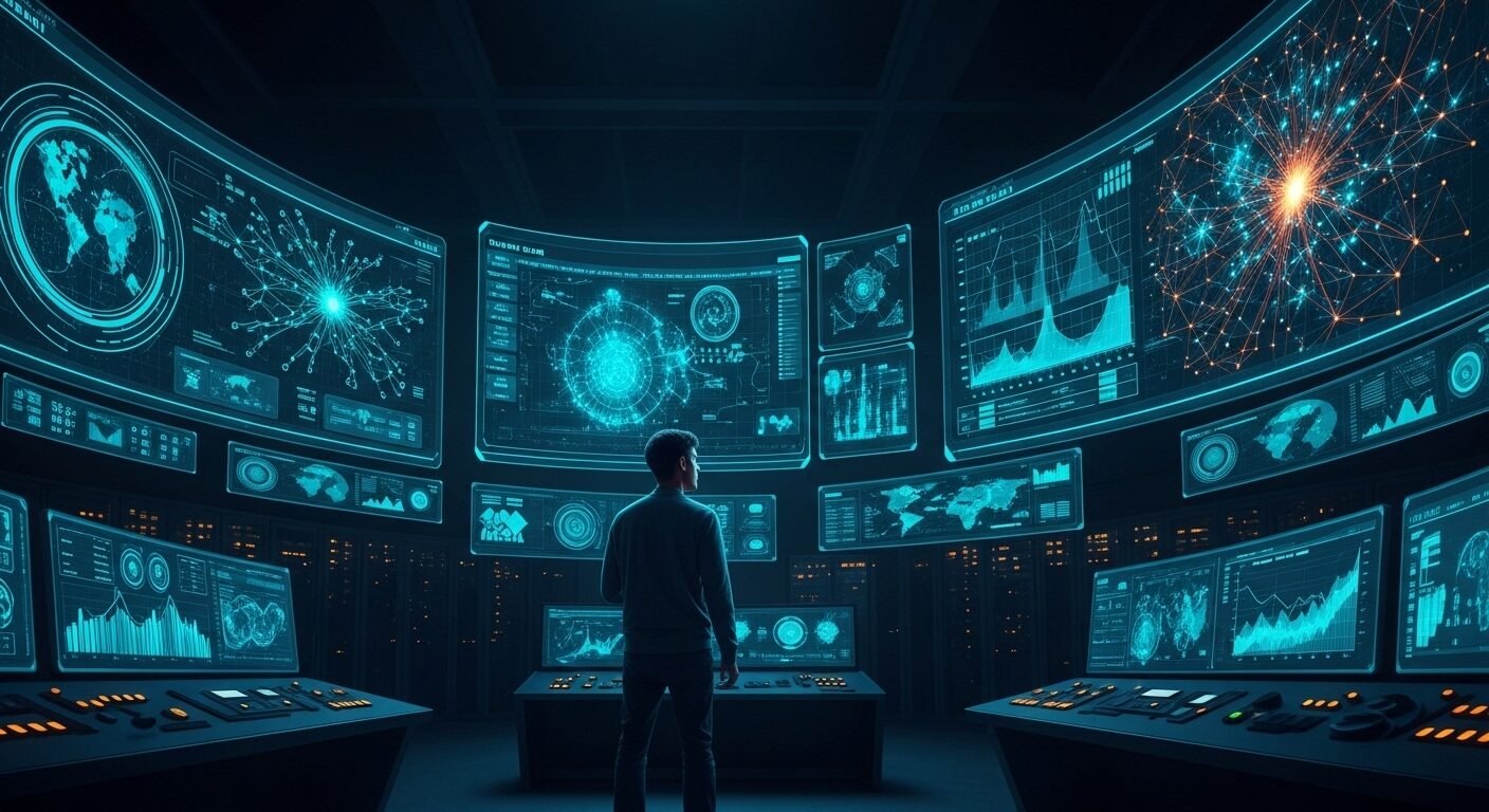 Phòng điều khiển tương lai với nhà nghiên cứu phân tích dữ liệu phức tạp, thuật toán và đồ thị mạng trên nhiều màn hình, thể hiện hoạt động nghiên cứu và phát triển chuyên sâu của bộ phận R&D trong doanh nghiệp. Phòng điều khiển tương lai với nhà nghiên cứu phân tích dữ liệu phức tạp, thuật toán và đồ thị mạng trên nhiều màn hình, thể hiện hoạt động nghiên cứu và phát triển chuyên sâu của bộ phận R&D trong doanh nghiệp.