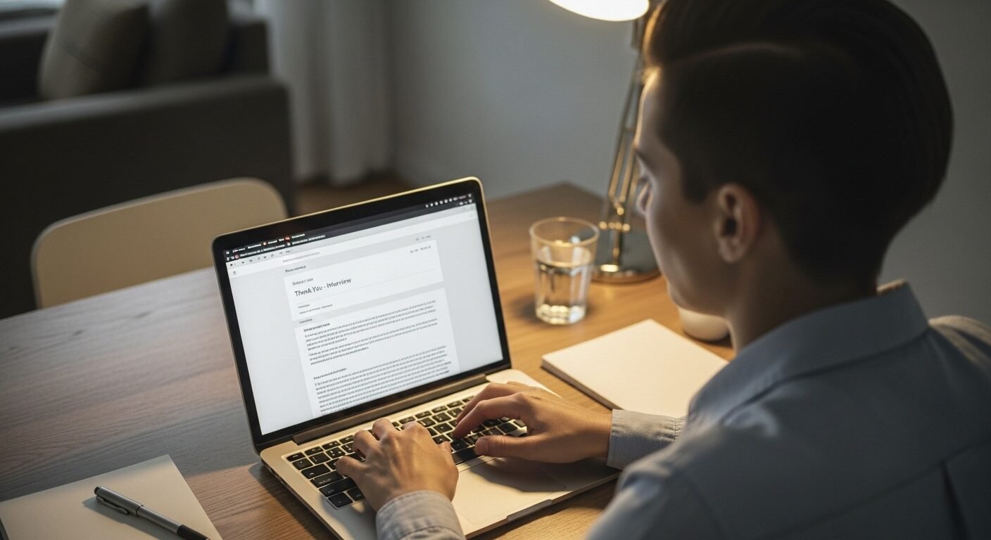 Ứng viên tập trung viết email cảm ơn chuyên nghiệp trên laptop sau phỏng vấn, thể hiện kỹ năng trả lời phỏng vấn xin việc toàn diện. Ứng viên tập trung viết email cảm ơn chuyên nghiệp trên laptop sau phỏng vấn, thể hiện kỹ năng trả lời phỏng vấn xin việc toàn diện.