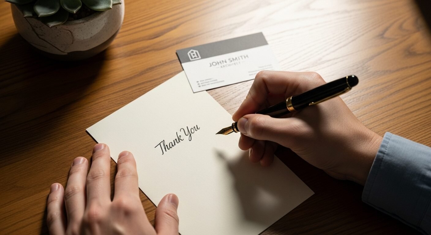 Bàn tay viết thư cảm ơn chuyên nghiệp, củng cố ấn tượng sau phỏng vấn, thể hiện sự hoàn thiện kỹ năng trả lời phỏng vấn xin việc.