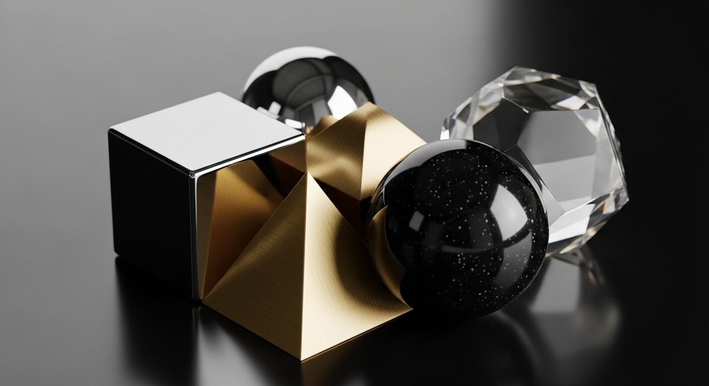 Hình ảnh cận cảnh các khối hình học bóng bẩy lồng vào nhau hoàn hảo, tượng trưng cho sự gắn kết và tư duy rõ ràng trong việc tìm hiểu cách trả lời phỏng vấn định hướng nghề nghiệp.