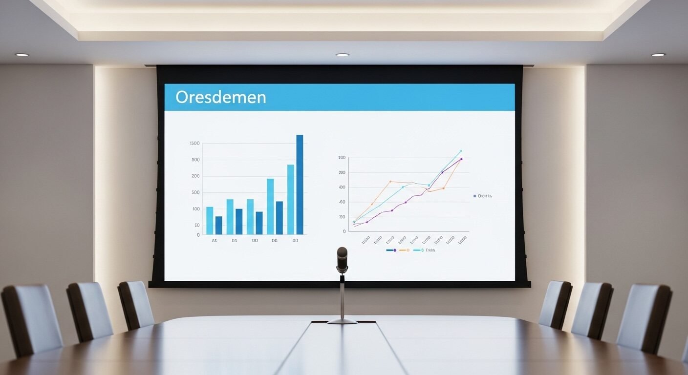 Phòng họp chuyên nghiệp với màn hình hiển thị biểu đồ dữ liệu và micro. Hình ảnh minh họa việc trình bày thành tựu, kỹ năng quan trọng khi giới thiệu bản thân khi phỏng vấn.