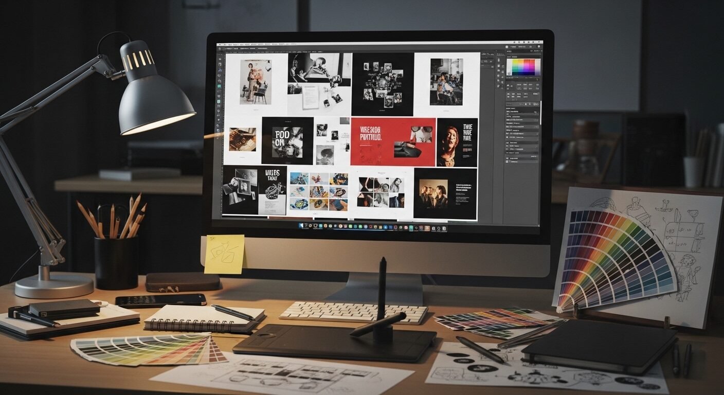 Màn hình lớn hiển thị portfolio thiết kế kỹ thuật số với các dự án trực quan. Đây là phần quan trọng giúp làm rõ hồ sơ xin việc gồm những gì để gây ấn tượng mạnh.