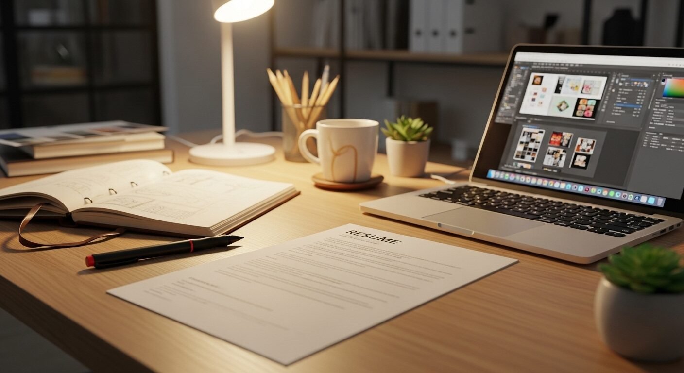 Mẫu CV cho designer được in ấn nổi bật trên bàn làm việc gọn gàng của một nhà thiết kế, cùng với bút đồ họa, sổ phác thảo và laptop chạy phần mềm thiết kế.