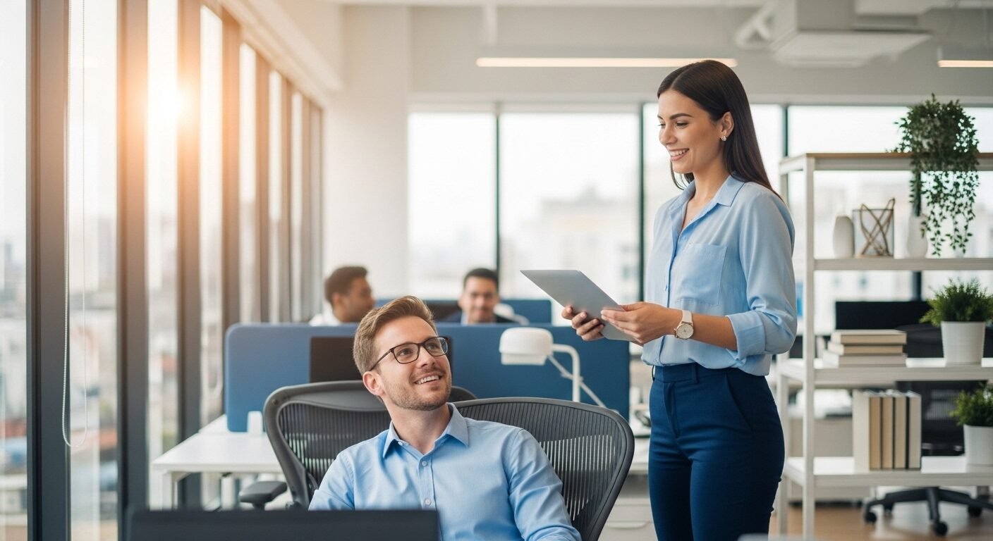 Hai người trò chuyện chuyên nghiệp, tích cực trong văn phòng hiện đại, thể hiện kỹ năng giao tiếp quan trọng để tránh những điều không nên nói khi phỏng vấn.