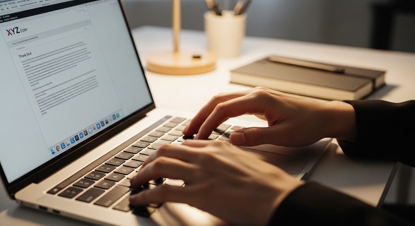 Đôi tay chuyên nghiệp gõ email cảm ơn trên laptop có logo công ty, minh họa một mẹo quan trọng trong cách trả lời phỏng vấn khi chưa có kinh nghiệm bằng sự chuyên nghiệp và chu đáo. Đôi tay chuyên nghiệp gõ email cảm ơn trên laptop có logo công ty, minh họa một mẹo quan trọng trong cách trả lời phỏng vấn khi chưa có kinh nghiệm bằng sự chuyên nghiệp và chu đáo.