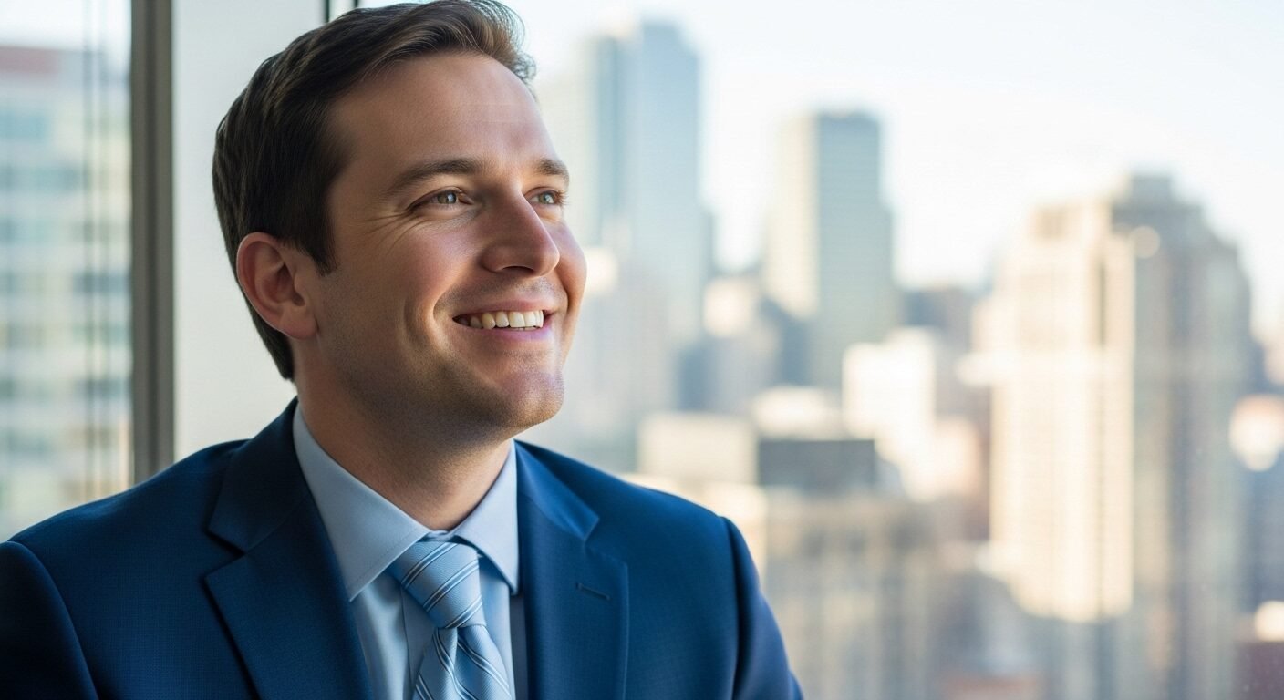 Một chuyên gia mỉm cười tự tin trong văn phòng hiện đại, nhìn ra thành phố sầm uất, thể hiện sự thành công khi biết cách phỏng vấn thông minh và tránh những điều không nên nói khi phỏng vấn.