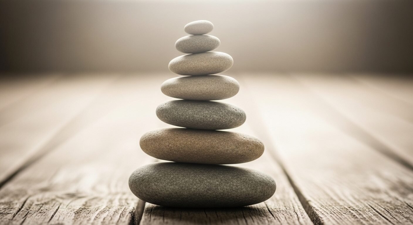 Đá sông tự nhiên xếp chồng cân bằng hoàn hảo trên gỗ mộc, một hình ảnh biểu trưng cho sự ổn định và vẻ đẹp tinh tế. Đây là minh chứng trực quan về cách tốt khoe xấu che phỏng vấn qua sự sắp đặt khéo léo.