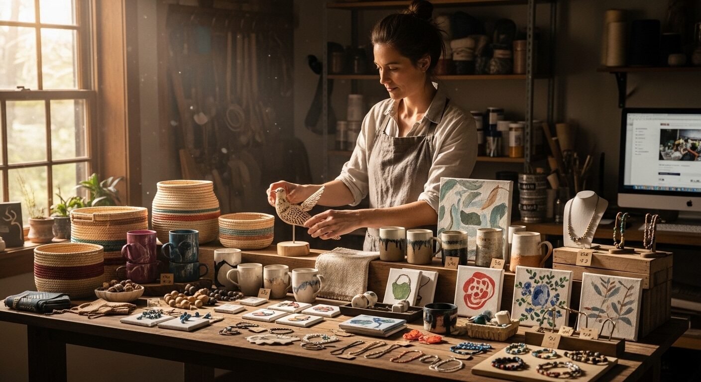 Người phụ nữ đang tỉ mỉ sắp xếp sản phẩm thủ công tại nhà, chuẩn bị bán online. Một minh chứng cho nỗ lực của mẹ đơn thân tìm việc và tự tạo lập công việc kinh doanh linh hoạt.