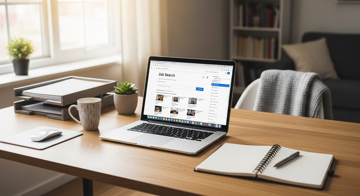 Bàn làm việc tại nhà gọn gàng, sáng sủa, với laptop hiển thị trang web tuyển dụng. Tại đây, người dùng có thể tìm hiểu cách biết kết quả CV và các cơ hội việc làm mới.