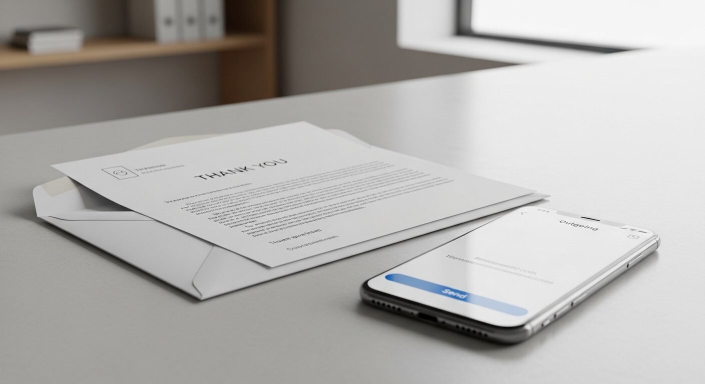 Lá thư cảm ơn chuyên nghiệp và điện thoại gửi email trên bàn làm việc, minh họa quy trình theo dõi phỏng vấn có tổ chức. Đây là một phần quan trọng trong chiến lược tìm việc thành công, giúp ứng viên gây ấn tượng ngay cả khi đang tìm hiểu cách trả lời phỏng vấn khi chưa có kinh nghiệm.