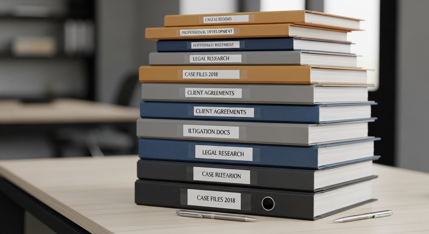 Chồng hồ sơ pháp lý chuyên nghiệp được xếp gọn gàng trên bàn làm việc tối giản, thể hiện một Portfolio pháp lý vững chắc và kinh nghiệm dày dặn.
