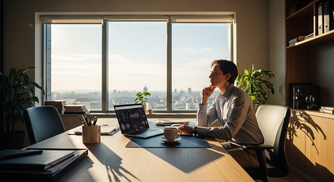 Một người đang ngồi làm việc tại bàn gọn gàng trong văn phòng tràn ngập nắng, nhìn ra cửa sổ thành phố. Họ đang suy ngẫm, có thể là phân tích lý do không được gọi phỏng vấn để hoạch định chiến lược tìm việc hiệu quả hơn.