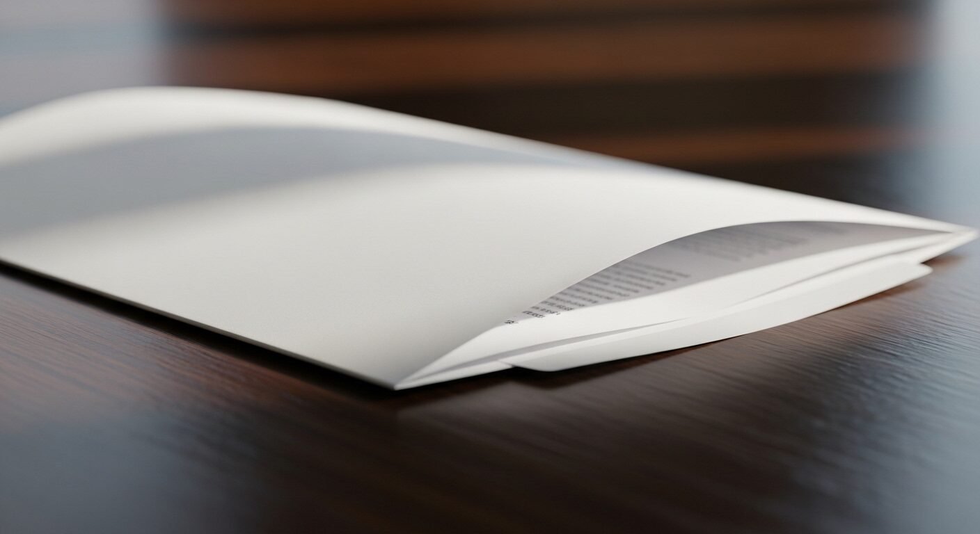 Đơn xin việc đã gấp gọn gàng trong phong bì trắng trên bàn gỗ tối màu, sẵn sàng gửi đi. Minh họa cho hướng dẫn điền đơn xin việc hoàn chỉnh.