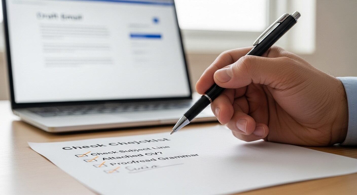 Bàn tay cầm bút kiểm tra checklist gửi email ứng tuyển (chủ đề, đính kèm CV, ngữ pháp) trên bàn làm việc, thể hiện sự tỉ mỉ trong cách viết email ứng tuyển chuyên nghiệp.