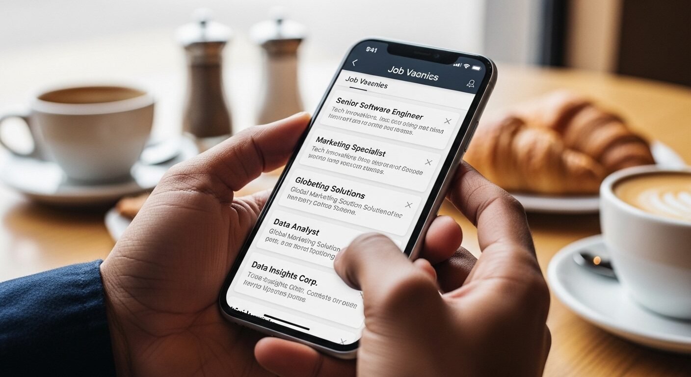 Tay người dùng lướt trên smartphone hiển thị giao diện một trang tuyển dụng uy tín với danh sách việc làm rõ ràng, trong không gian quán cà phê ấm cúng. Tay người dùng lướt trên smartphone hiển thị giao diện một trang tuyển dụng uy tín với danh sách việc làm rõ ràng, trong không gian quán cà phê ấm cúng.