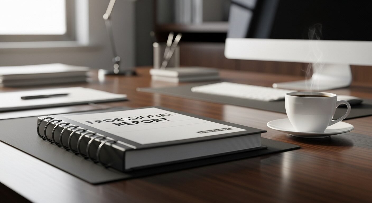 Báo cáo thử việc chuyên nghiệp đã hoàn thành, được đóng quyển gọn gàng trên bàn làm việc cùng tách cà phê, trong không gian văn phòng hiện đại.