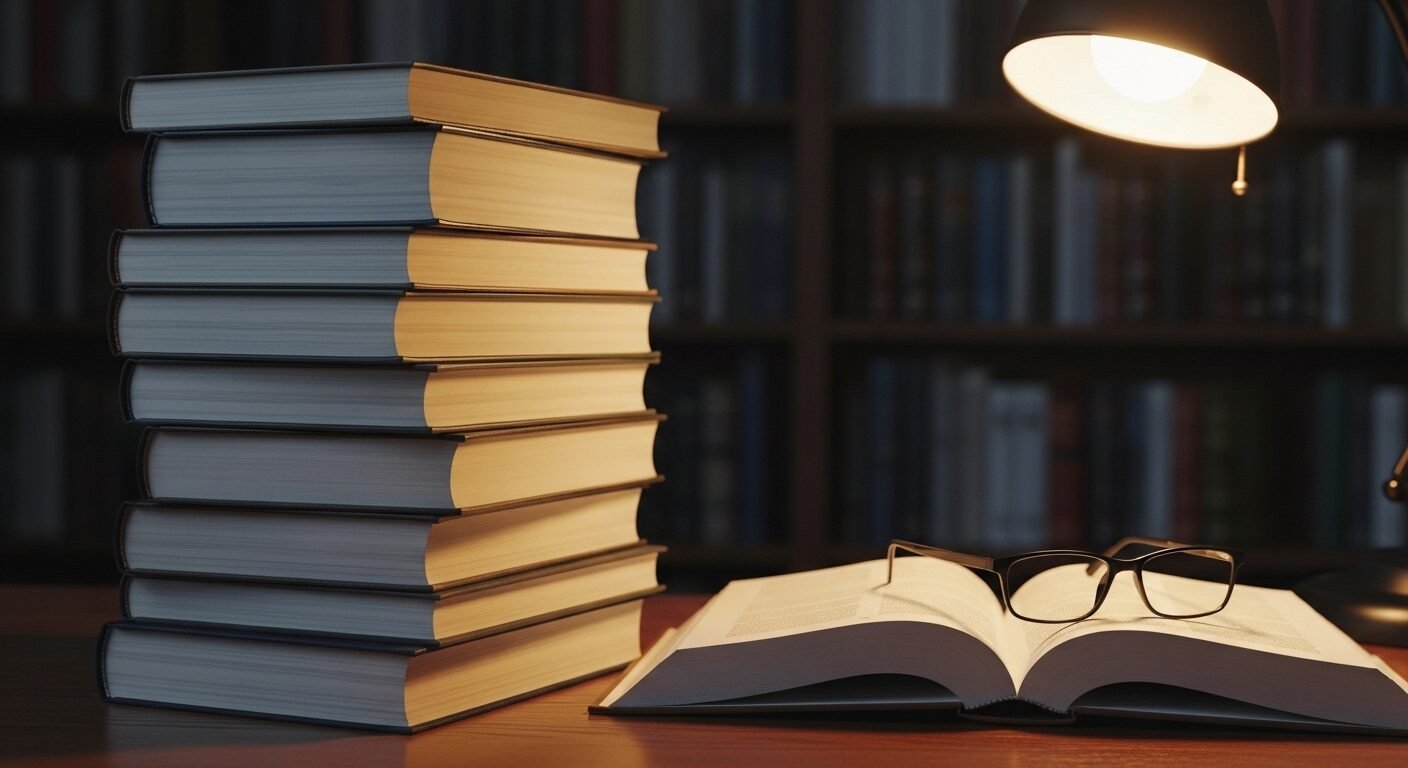 Chồng sách luật đồ sộ, sách luật cũ mở, kính đọc và đèn bàn ấm áp trên bàn gỗ, tượng trưng cho quá trình học hỏi không ngừng để trau dồi các kỹ năng pháp chế vững chắc.