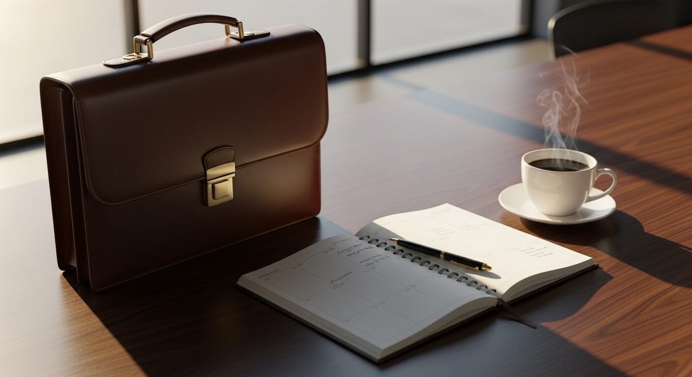 Bàn làm việc chuyên nghiệp, ngăn nắp với vali da, sổ kế hoạch, tạo cảm giác sẵn sàng cho một buổi quan trọng, như học hỏi cách trả lời phỏng vấn xin việc hiệu quả. Bàn làm việc chuyên nghiệp, ngăn nắp với vali da, sổ kế hoạch, tạo cảm giác sẵn sàng cho một buổi quan trọng, như học hỏi cách trả lời phỏng vấn xin việc hiệu quả.