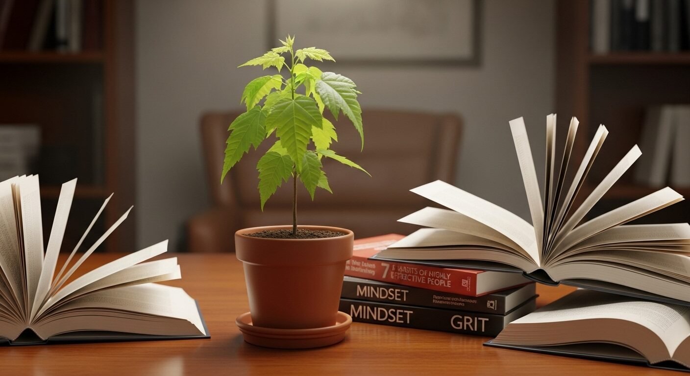 Cây non xanh tươi bên sách phát triển chuyên nghiệp trên bàn gỗ, minh họa sự tự phát triển và học hỏi liên tục – yếu tố then chốt cho việc thành công, bao gồm cả cách trả lời điểm mạnh điểm yếu khi phỏng vấn.