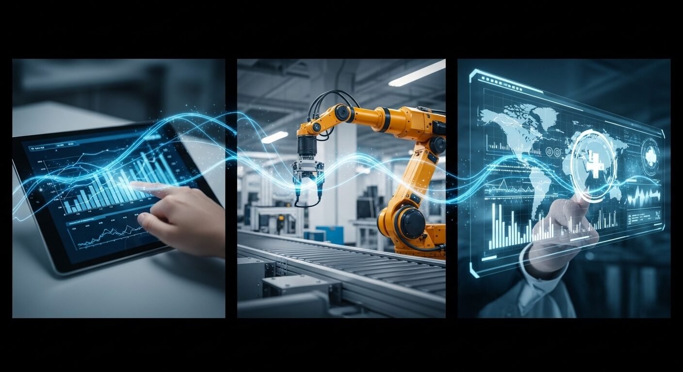 Hình ảnh đa panel mô tả các dịch vụ công nghệ đa dạng của HCLTech, từ biểu đồ tài chính, robot công nghiệp đến dữ liệu y tế. Cái nhìn tổng quan cho một bài review HCLTech về giải pháp toàn diện.