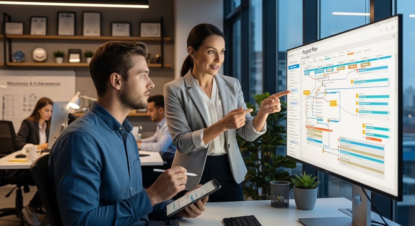 Cố vấn chuyên nghiệp hướng dẫn dự án trong văn phòng hiện đại, thể hiện lộ trình phát triển sự nghiệp rõ ràng. Một điểm mạnh thường được nhắc đến trong các review CO-WELL Asia.