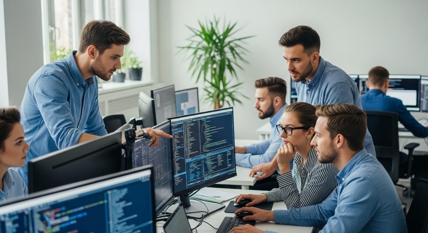 Đội ngũ chuyên gia phần mềm và QA đang tập trung review code và dữ liệu phức tạp trên nhiều màn hình trong văn phòng hiện đại, minh họa quy trình làm việc chất lượng tại LTS Group. Đội ngũ chuyên gia phần mềm và QA đang tập trung review code và dữ liệu phức tạp trên nhiều màn hình trong văn phòng hiện đại, minh họa quy trình làm việc chất lượng tại LTS Group.