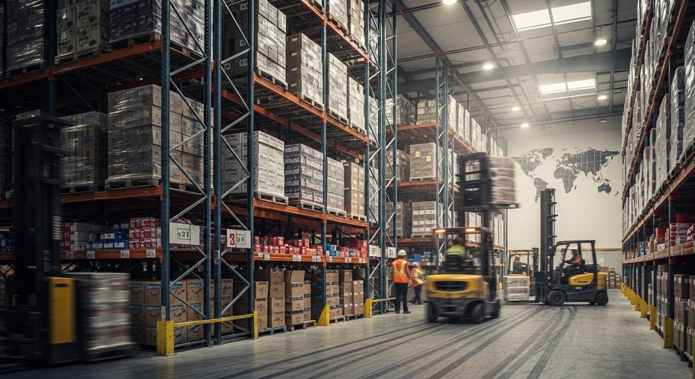 Kho logistics nhộn nhịp với các pallet bánh kẹo đóng gói sẵn sàng cho vận chuyển quốc tế, gợi ý về quy trình phân phối sản phẩm như khi bạn tìm kiếm review Phạm Nguyên Foods. Kho logistics nhộn nhịp với các pallet bánh kẹo đóng gói sẵn sàng cho vận chuyển quốc tế, gợi ý về quy trình phân phối sản phẩm như khi bạn tìm kiếm review Phạm Nguyên Foods.