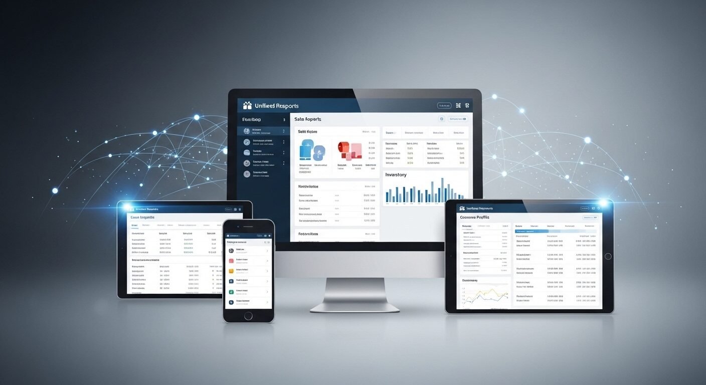 Hệ thống quản lý doanh nghiệp tổng thể trên màn hình máy tính, tablet và điện thoại, minh họa khả năng tích hợp đa nền tảng để theo dõi bán hàng, tồn kho và khách hàng. Review PosApp.