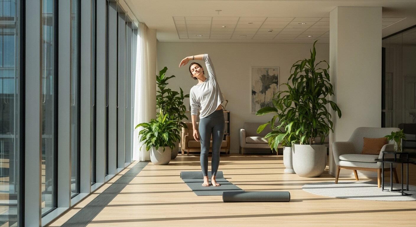 Một người đang kéo giãn cơ nhẹ nhàng trong khu vực thư giãn văn phòng hiện đại, tràn ngập ánh sáng tự nhiên và cây xanh. Môi trường làm việc lý tưởng, một yếu tố quan trọng khi đọc review công ty F88. Một người đang kéo giãn cơ nhẹ nhàng trong khu vực thư giãn văn phòng hiện đại, tràn ngập ánh sáng tự nhiên và cây xanh. Môi trường làm việc lý tưởng, một yếu tố quan trọng khi đọc review công ty F88.