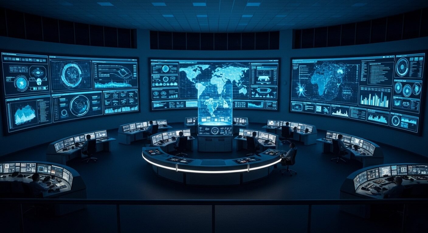 Trung tâm điều khiển hiện đại với các màn hình panorama hiển thị dữ liệu, biểu đồ và bản đồ số trong ánh sáng tập trung, minh họa quản lý hệ thống toàn diện. Đọc review công ty RevoTech để biết thêm.