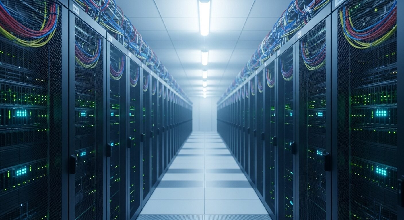 Phòng máy chủ trung tâm dữ liệu hiện đại với các dãy tủ rack sáng đèn và hệ thống cáp gọn gàng, thể hiện cơ sở hạ tầng công nghệ tiên tiến được đề cập trong bài review Công ty Công nghệ Vũ Thảo. Phòng máy chủ trung tâm dữ liệu hiện đại với các dãy tủ rack sáng đèn và hệ thống cáp gọn gàng, thể hiện cơ sở hạ tầng công nghệ tiên tiến được đề cập trong bài review Công ty Công nghệ Vũ Thảo.