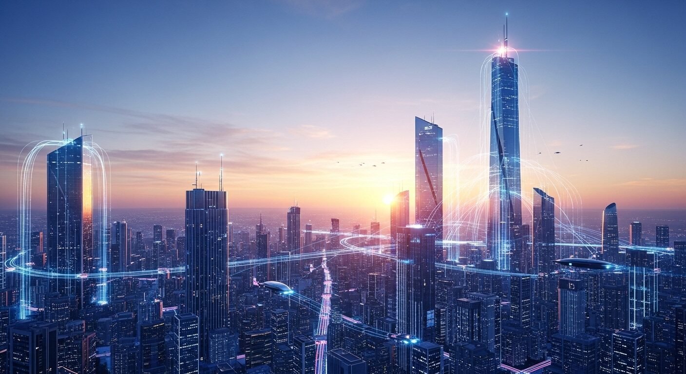 Cảnh quan đô thị tương lai tại bình minh, đường dữ liệu phát sáng, biểu tượng cho sự đổi mới và vị thế dẫn đầu kỷ nguyên số. Phù hợp với chủ đề Review Công ty VMO Holdings.