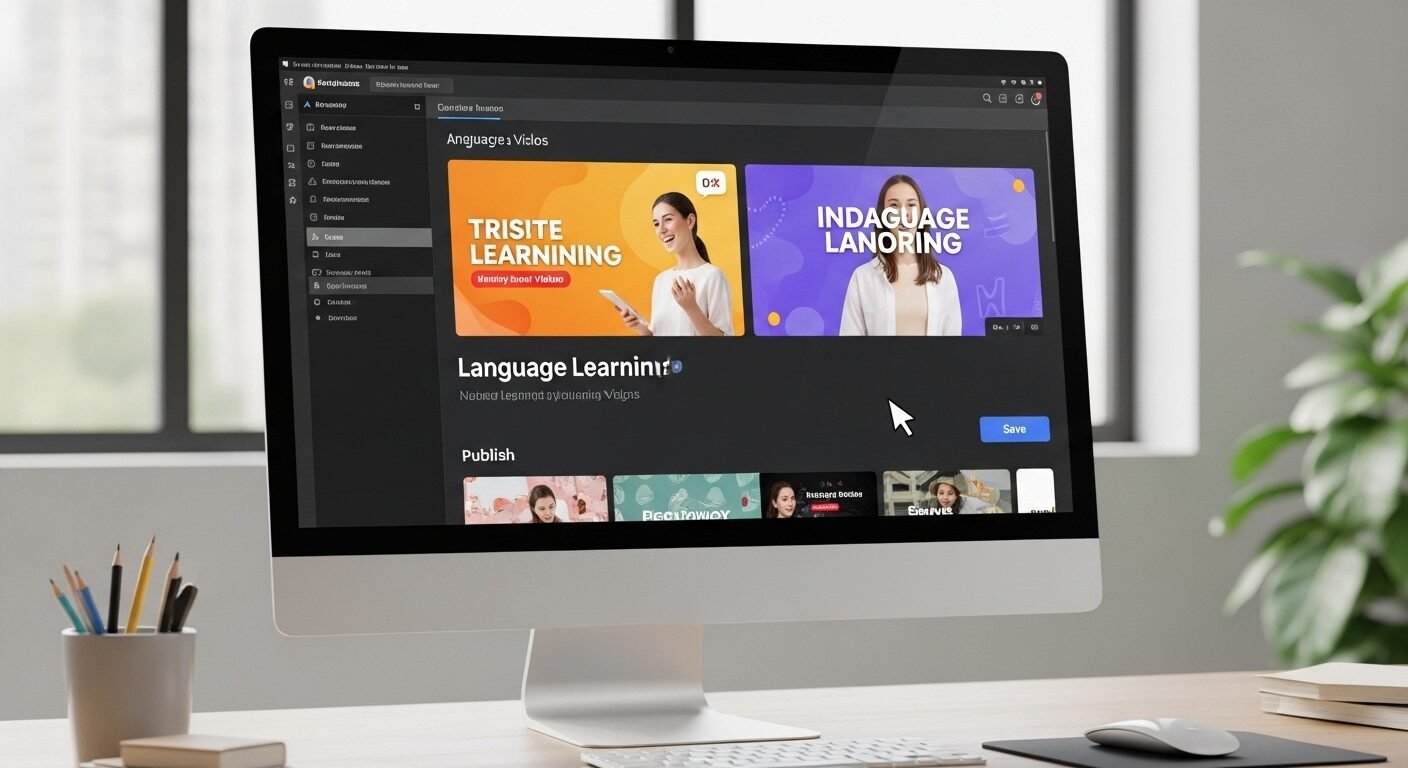 Trên màn hình máy tính chuyên nghiệp hiển thị hình thu nhỏ (thumbnail) bắt mắt cho một vlog học ngôn ngữ, với văn bản và đồ họa mời gọi. Con trỏ chuột đang di chuyển đến nút xuất bản, minh họa bước cuối cùng trong cách làm vlog học ngôn ngữ hiệu quả.