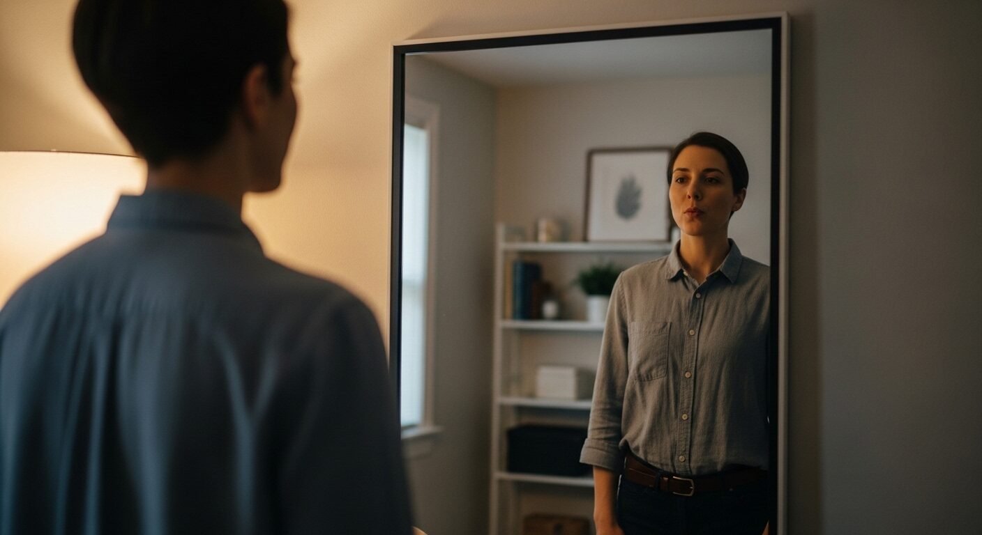 Một người đang đứng trước gương, tập dượt tự tin cách giới thiệu bản thân khi phỏng vấn trong căn phòng sáng dịu.