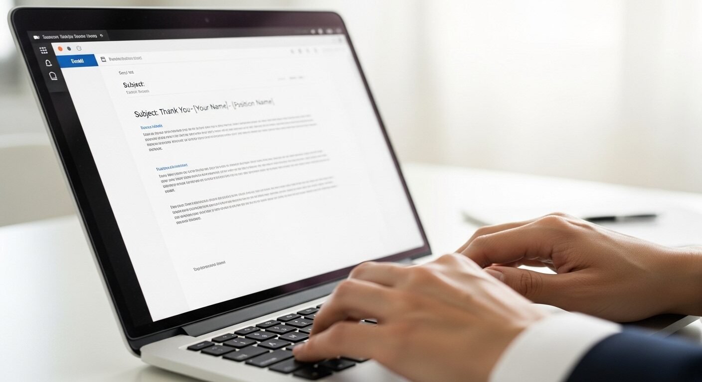 Bàn tay đang gõ email cảm ơn chuyên nghiệp trên laptop, một bước quan trọng sau khi tìm hiểu cách trả lời phỏng vấn khi chưa có kinh nghiệm. Bàn tay đang gõ email cảm ơn chuyên nghiệp trên laptop, một bước quan trọng sau khi tìm hiểu cách trả lời phỏng vấn khi chưa có kinh nghiệm.