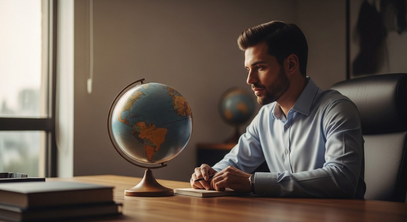 Chuyên gia nhìn quả địa cầu và laptop, suy tư về cơ hội nghề nghiệp toàn cầu. Hình ảnh gợi nhắc việc thành thạo các tình huống tiếng Anh phỏng vấn xin việc làm để vươn ra thế giới. Chuyên gia nhìn quả địa cầu và laptop, suy tư về cơ hội nghề nghiệp toàn cầu. Hình ảnh gợi nhắc việc thành thạo các tình huống tiếng Anh phỏng vấn xin việc làm để vươn ra thế giới.